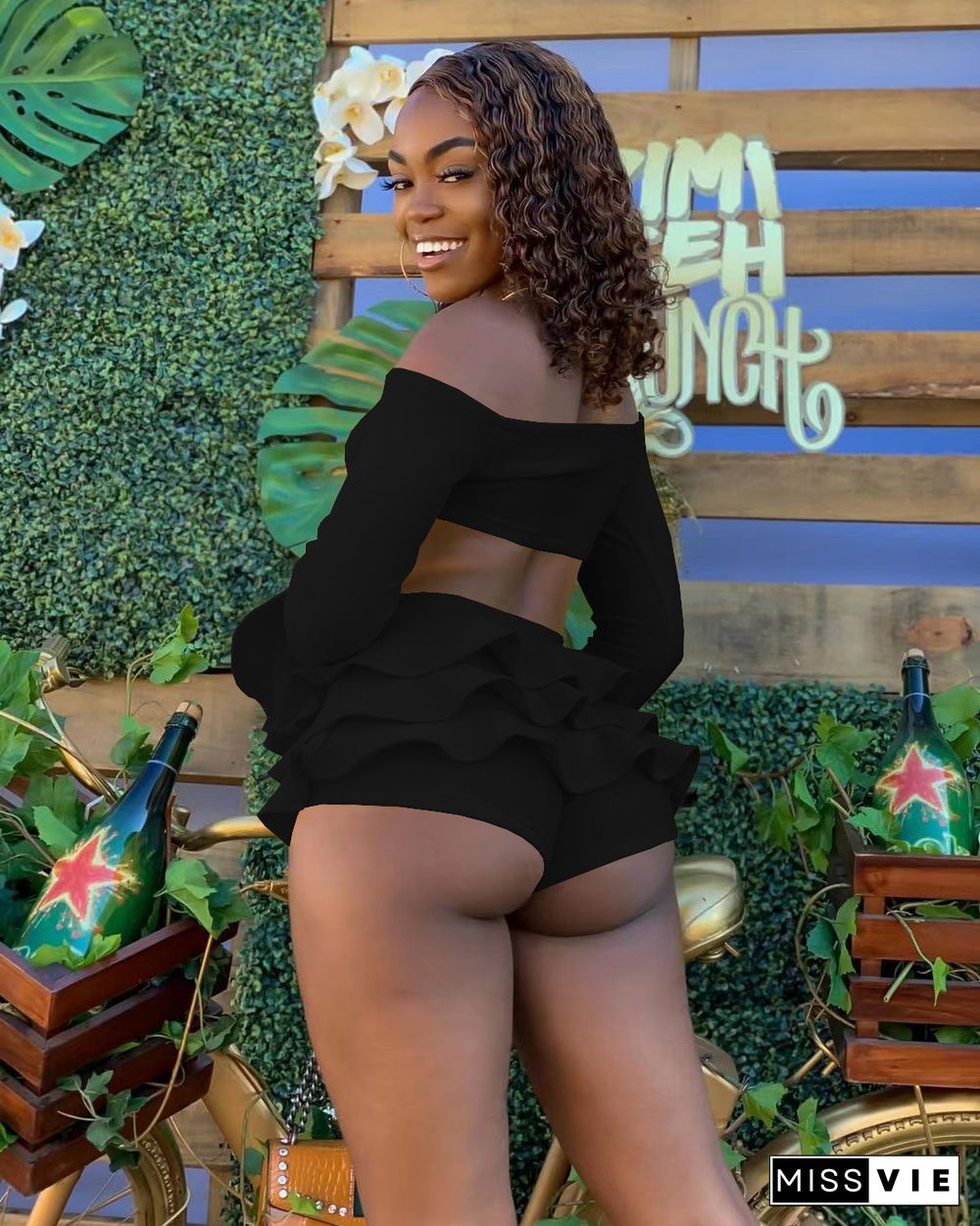 Sexy Off Shoulder Crop Tops Ruffle Mini Skirt Sets