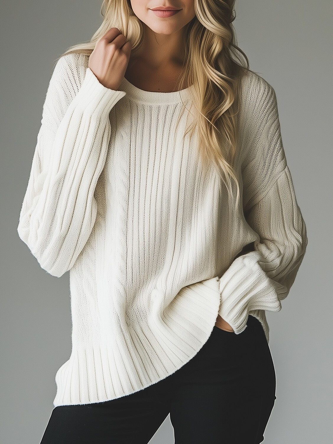 Ursime Knitted Solid Drop Shoulder Long Sleeve Sweater