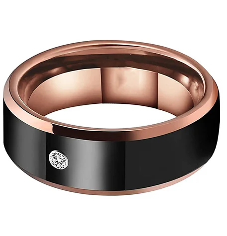 6MM 8MM Women's Or Men's Rose Gold Tungsten Carbide Rings Black Polished Beveled Edge Zircon Inlay