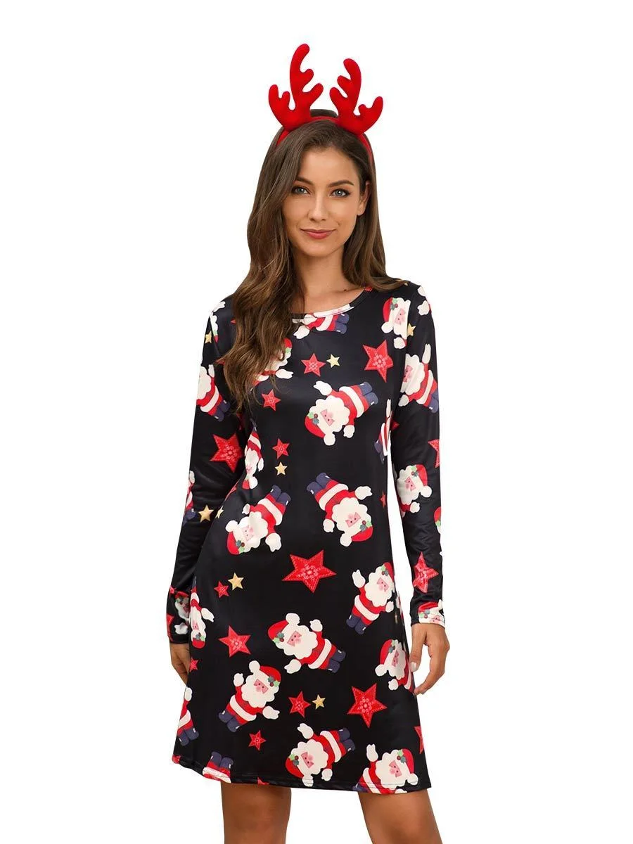 Christmas Dress Long Sleeve Print Mini Dress