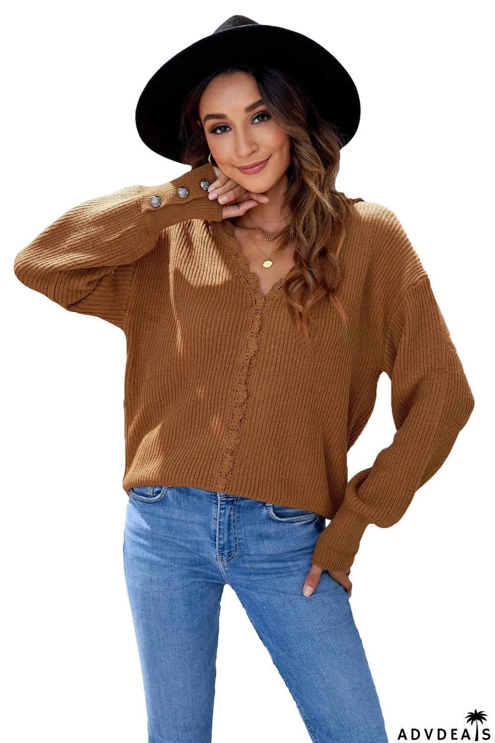Brown Lace V Neck Knitted Pullover Sweater