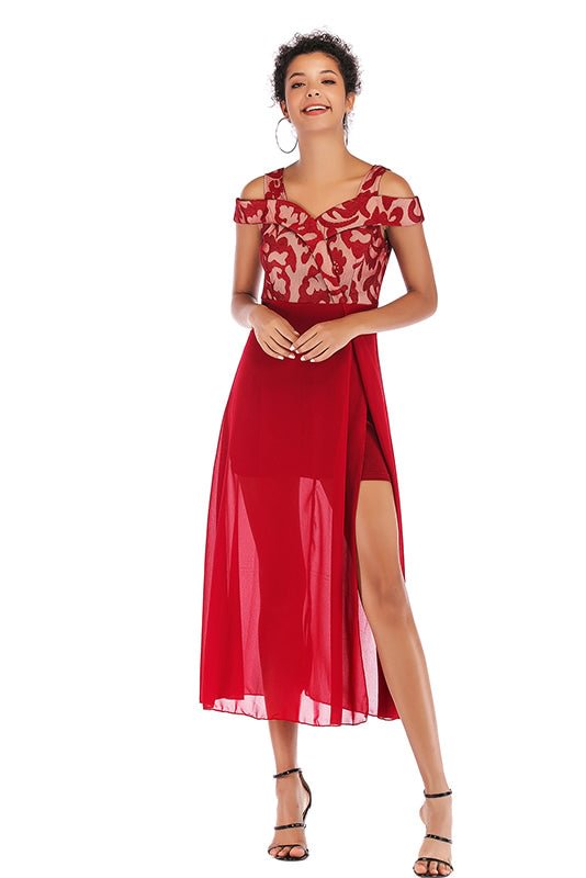 Red Off-the-shoulder Mesh Stitched Chiffon Dress - Chicaggo