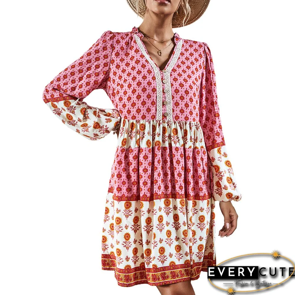 Pink Bohemia Print Button Detail V Neck Long Sleeve Dress