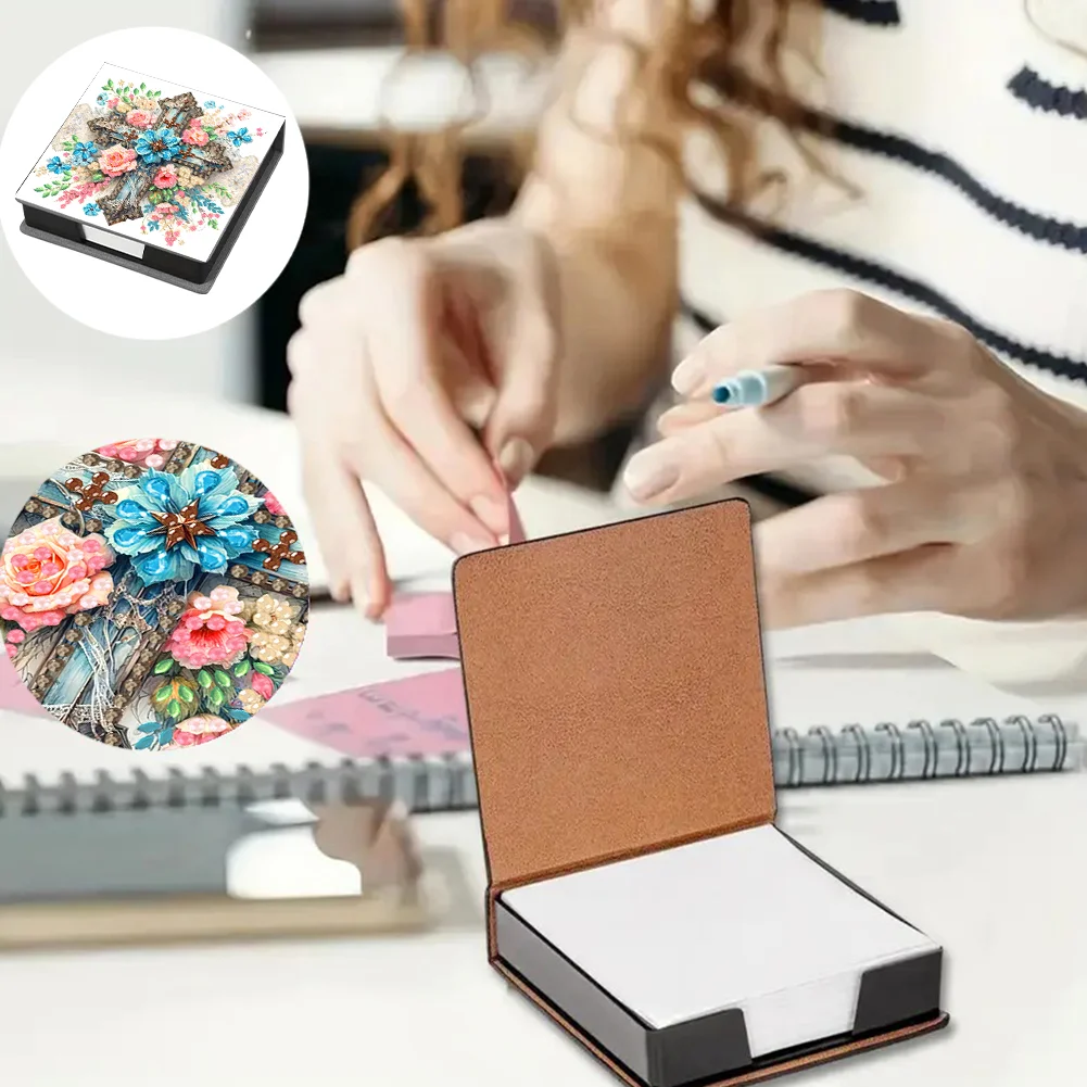 DIY Flower Cross Leather Diamond Art Note Box with 160 Sheets of Paper for Beginners