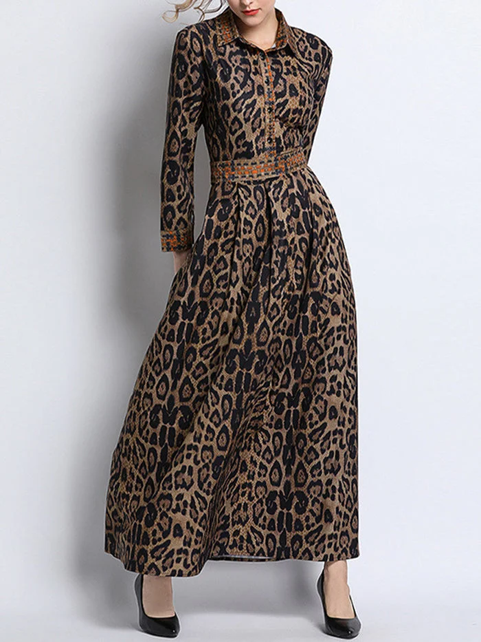 Fashion Leopard Print Lapel Long Sleeve Dress