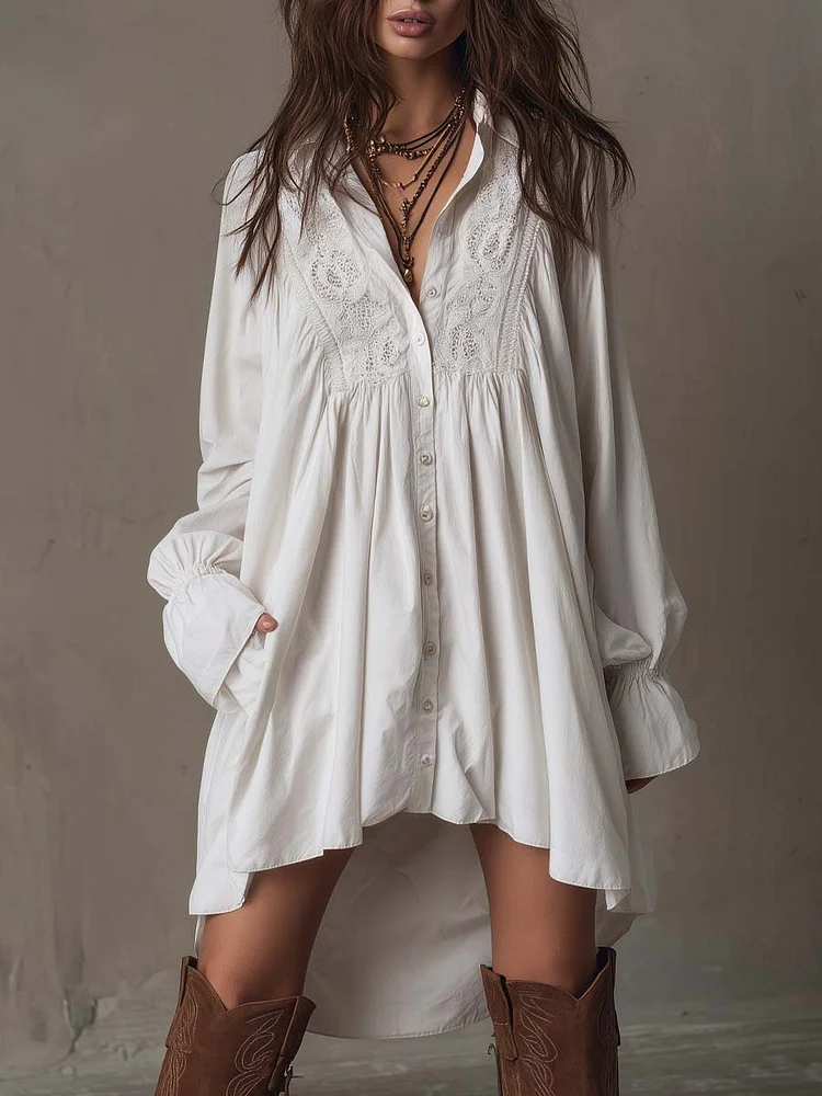 White Lace Irregular Hem Long-sleeved Mini Dress