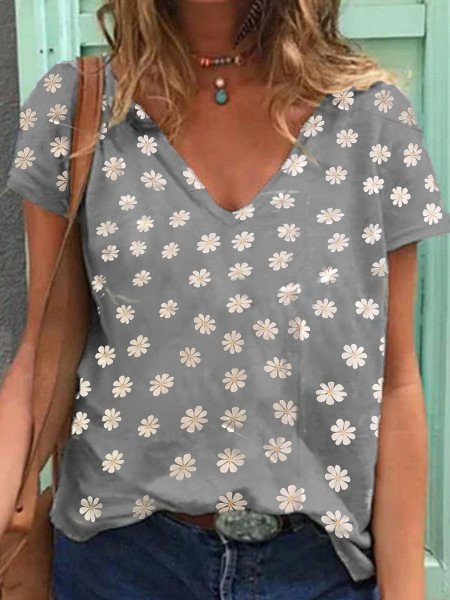Gray Short Sleeve Casual V Neck Tops