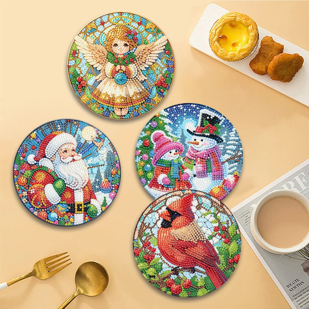 5D DIY 4pcs Christmas Acrylic Diamond Painting Placemats DIY Diamond Dot Kits for Tabletop