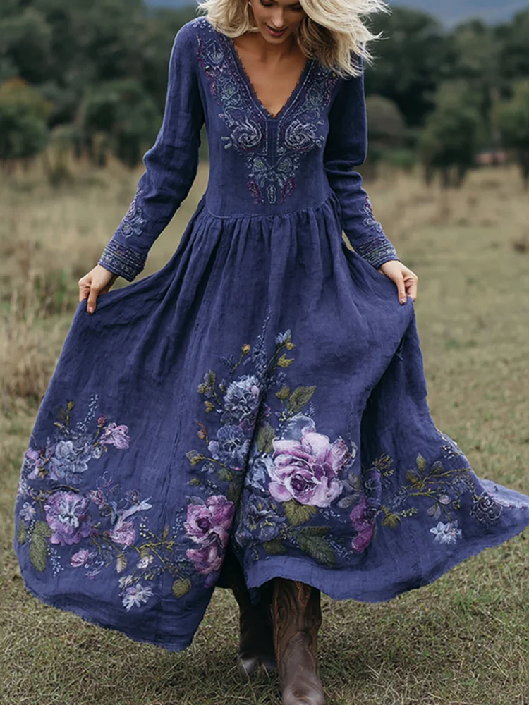 Vintage Classy Purple Floral Embroidered Linen Maxi Dress