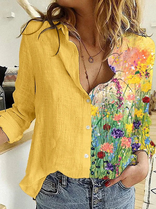 Floral Oil Painting Patchwork Blouse