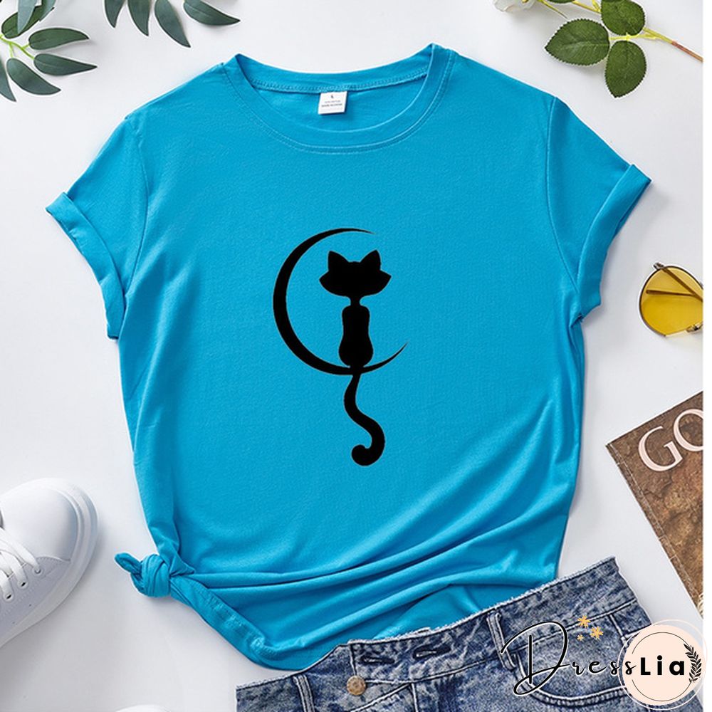 Women Fashion Cat Print T-shirt Summer Casual Short Sleeve Tee Shirt Ladies Round Neck Loose T-shirt
