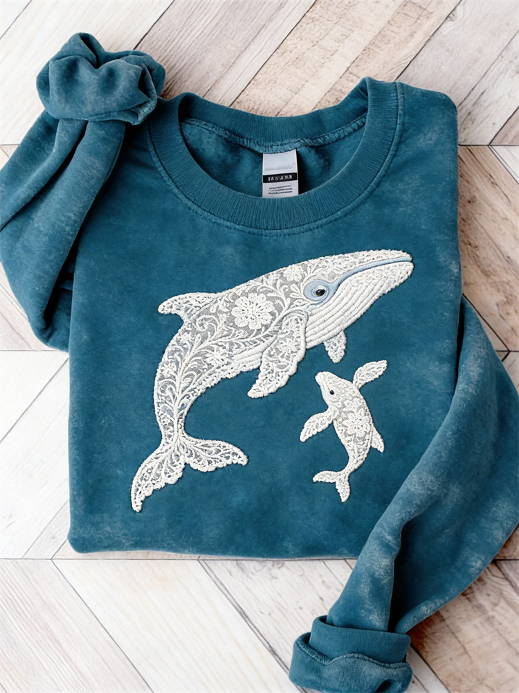Whale Family Floral Lace Washed Sweatshirt wearshes