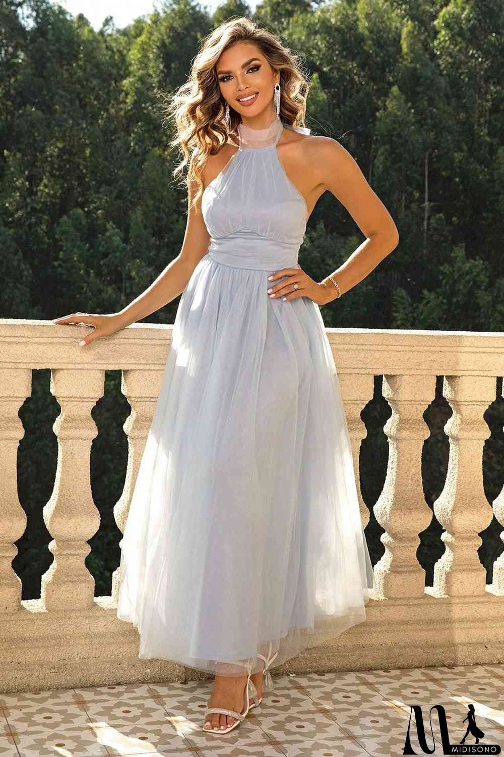 MidiSono - Halter Neck Backless Mesh Dress