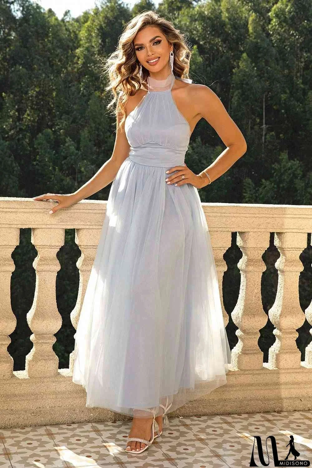 MidiSono - Halter Neck Backless Mesh Dress