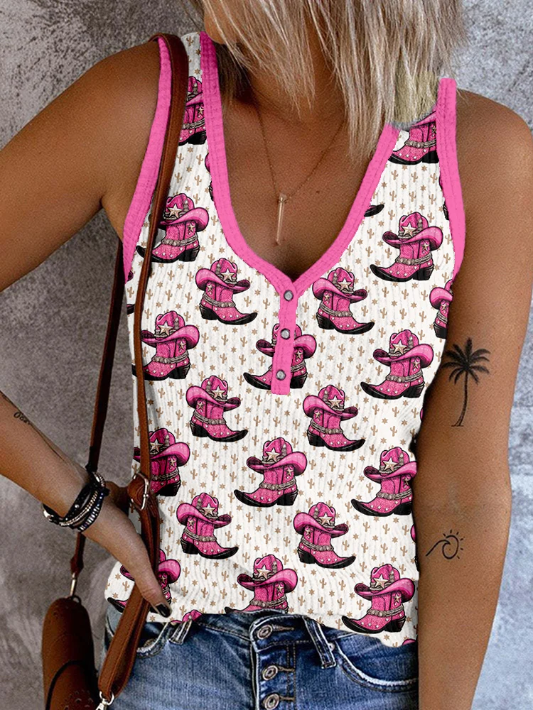 Western Hot Pink Cowgirl Boots Pattern Button Up Tank Top