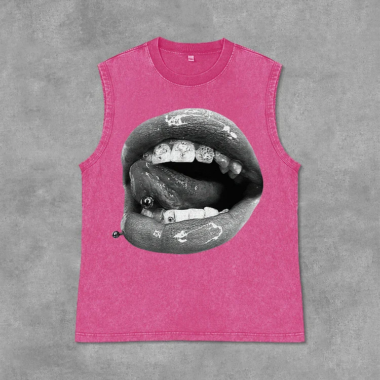 Unisex Lip Graphic Print Vintage Acid Washed Sleeveless Tank Top SOPULA