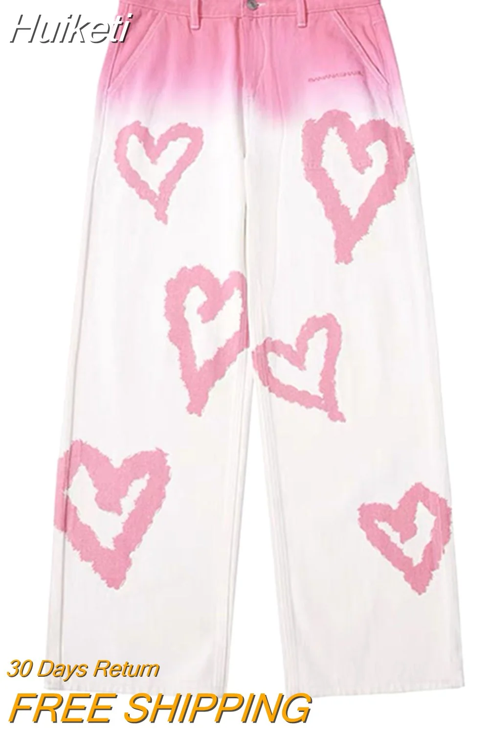 Huiketi Tie Dye Women Jeans Love Print Cute Pink High Waist Straight Denim Pants Loose Fashion Designed Korean Pants