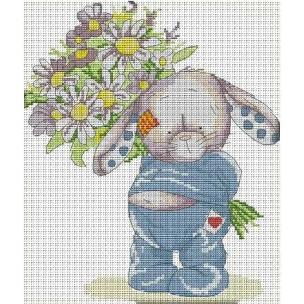 DIY Stamped Cross Stitch 14CT Partial Embroidery 28*32cm - Bunny Presents Flowers