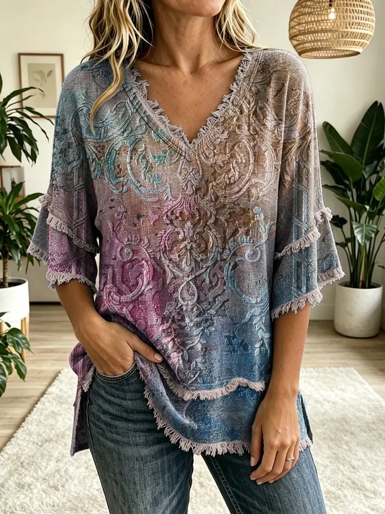 Women's Ethnic Art Print V-Neck Tasseled Cotton Top