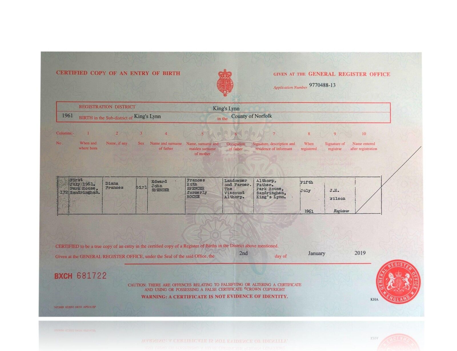 Princess Diana Certified UK Birth Certificate Copy Authentic No Photo Poster painting Rare!