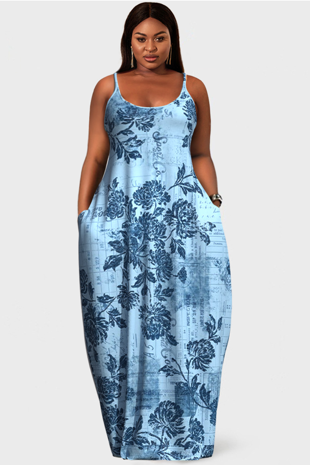 Design Plus Size Casual Light Blue Floral Print U Neck Sleeveless Pocket Maxi Dress [Pre-Order]