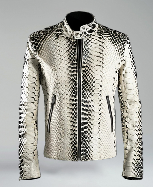 Casual Snakeskin Pattern Stand Collar Zipper PU Leather Jacket