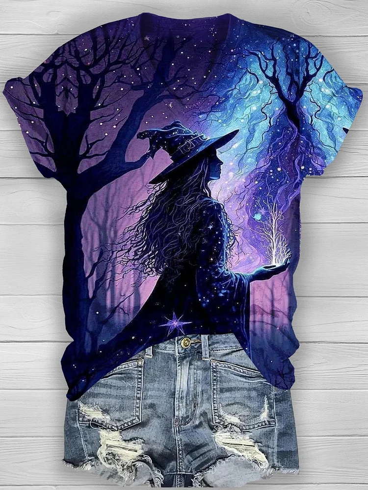 Women's Artistic Halloween witch Casual  T-shirt