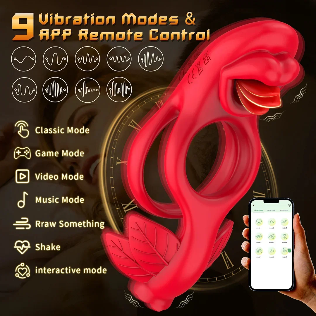 【 Valentine's Day Buy 1 Get 2 】 Rose Vibrating Penis Rings For Couples With 5-in-1 Big Mouth Rose Clit Sucker Toy & Thrusting Vibrator