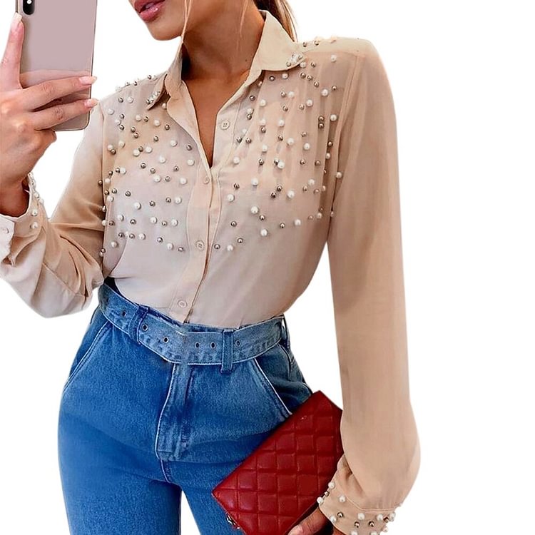 Elegant Office Lady Beaded Tops for Ladies Solid Spring Autumn Turn-down Collar Button T Shirt Women Casual Long Sleeve Shirts - BlackFridayBuys