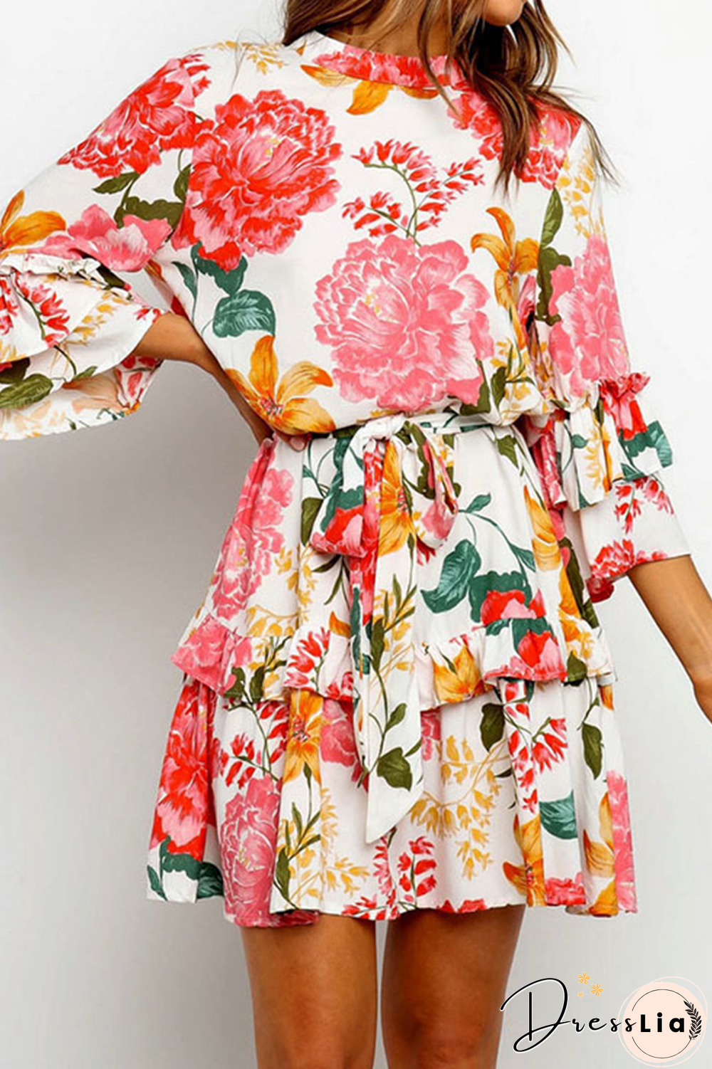 Elegant Floral Flounce Strap Design O Neck Waist Skirt Dresses