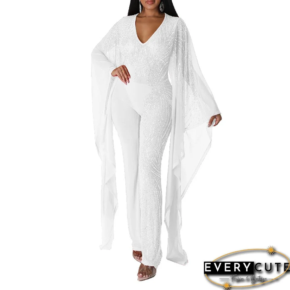 White Rhinestones Mesh Bat Sleeve V Neck Jumpsuit