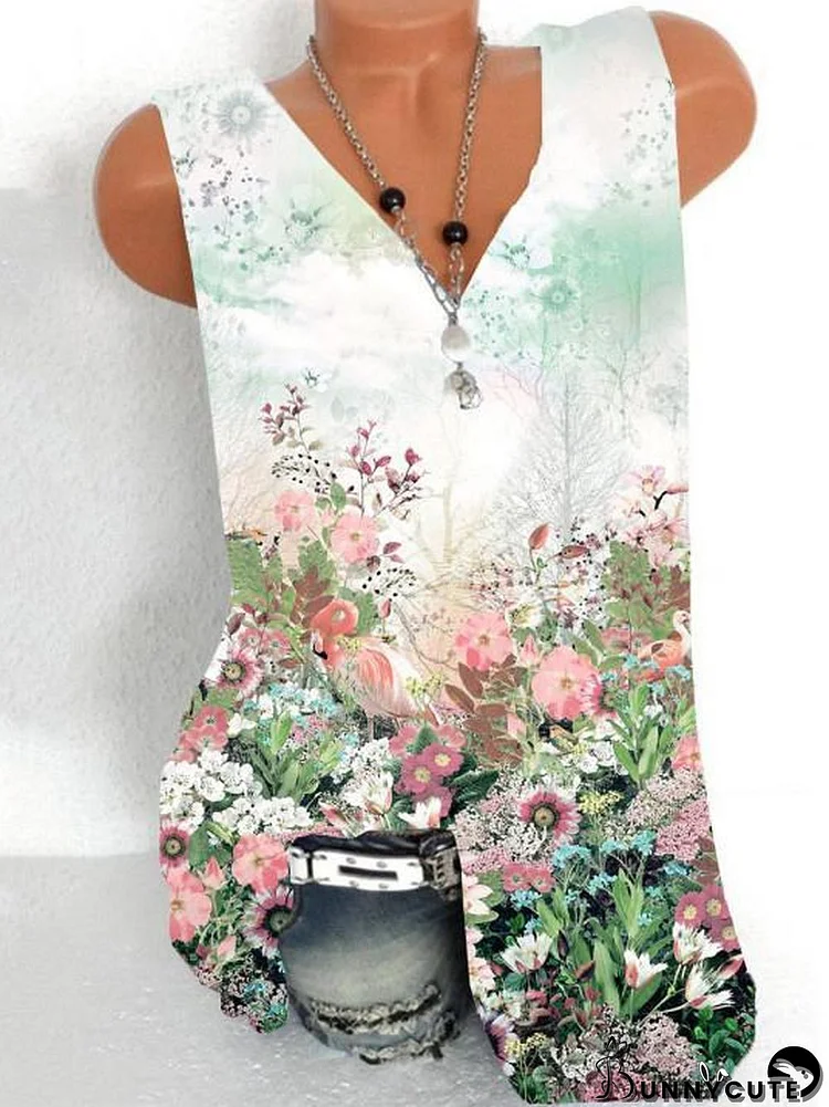 Women Sleeveless V-neck Floral Printed Top Vest