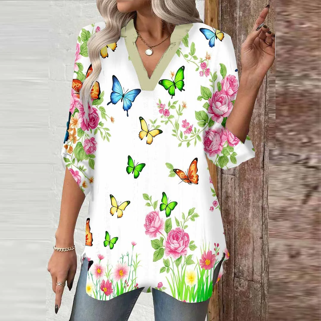 Women Butterfly,Pink,Green DZGA0730 3/4 Sleeve V-neck Printed Graphic Button Tops