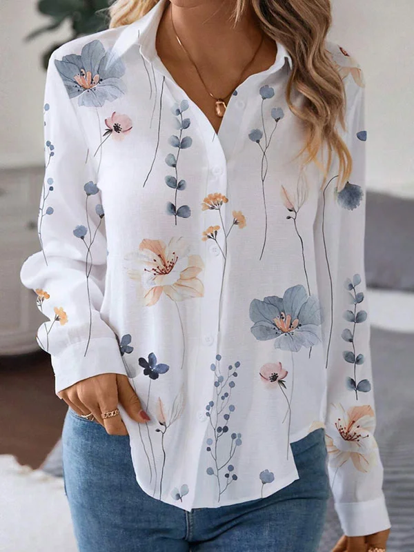 Floral Casual Shawl Collar Loose Blouse