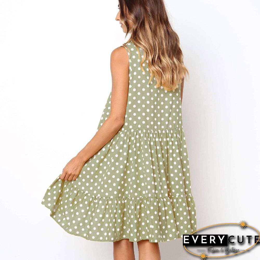 Light Green Polka Dot Ruffled Hem Loose Fit Tank Dress