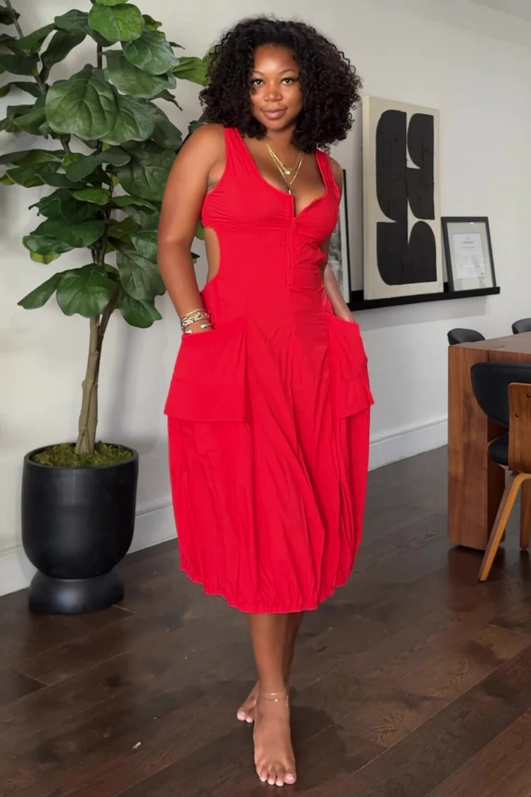 Notched Neck Cutout Pocket Waist Sleeveless Midi Bell Dresses-Red
