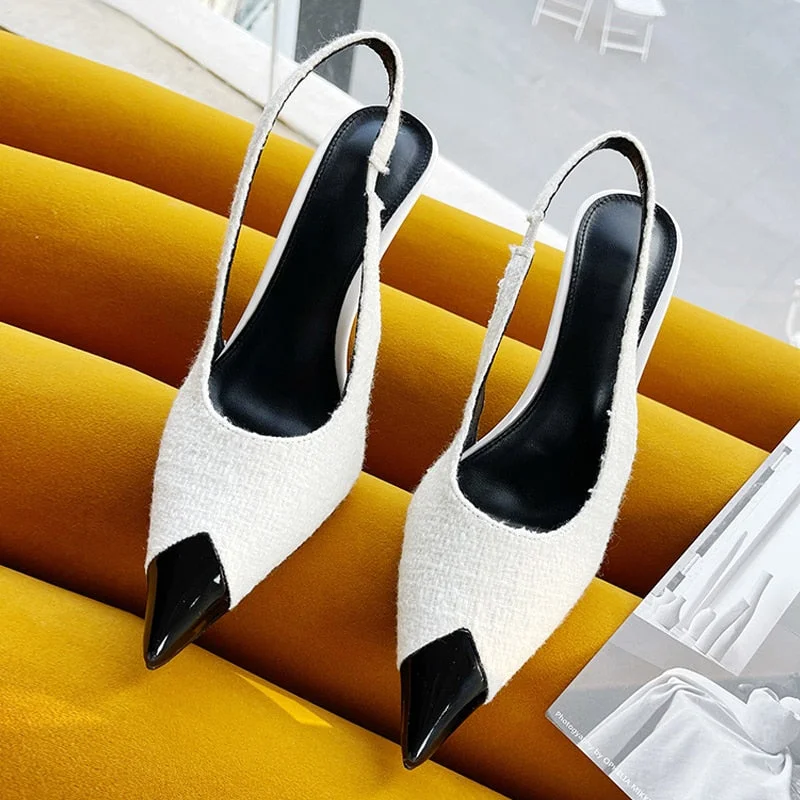 2022 New Black Pink Heels Women Sandals Summer Fashion Green Metal Pointed Toe Shoes Mules Pumps Shallow Slip-On Stilettos Mujer