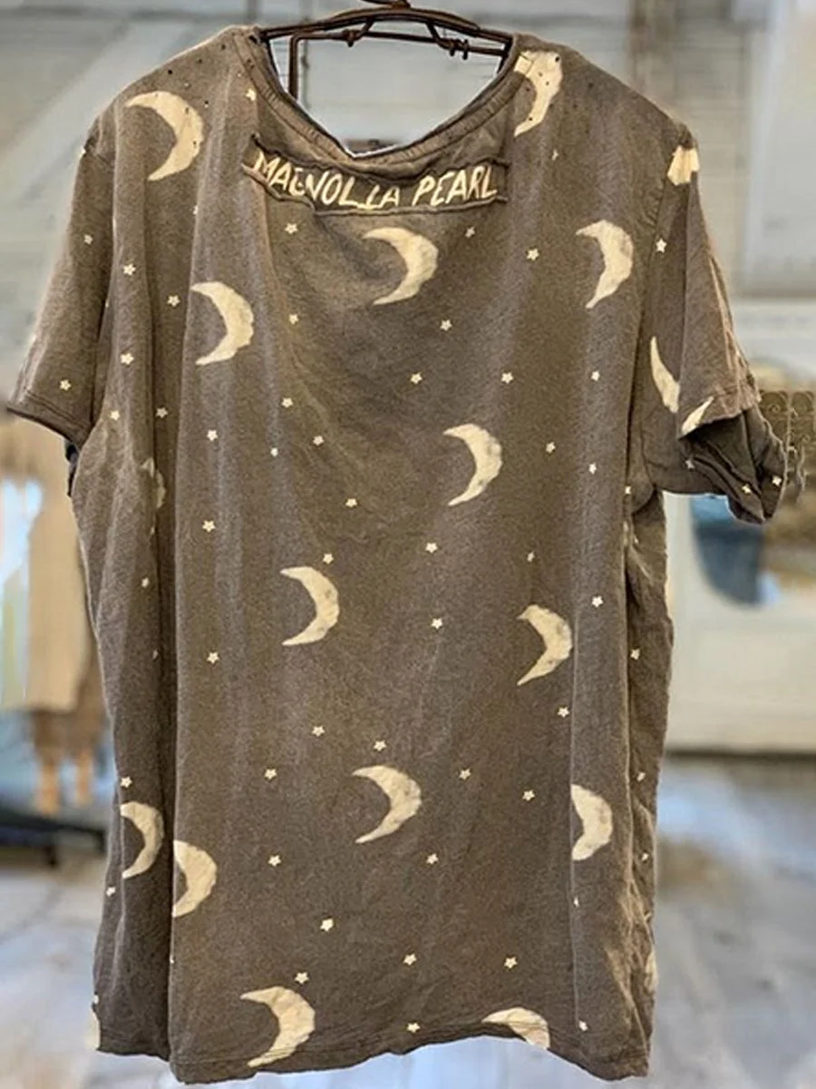 Moon Print Casual Loose Short Sleeve Top