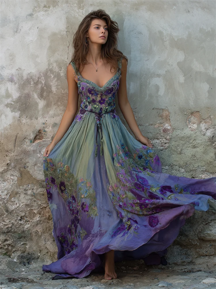 Classy Floral Embroidered Purple Gradient Flowy Linen Maxi Dress