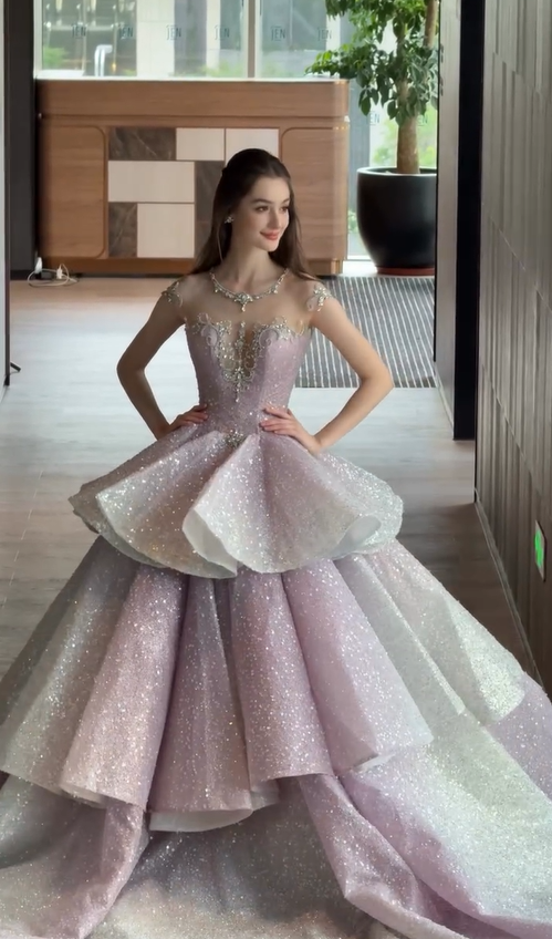 Princess Light Purple Beadings Sequins Prom Dress With Detachable Skirt YK0229