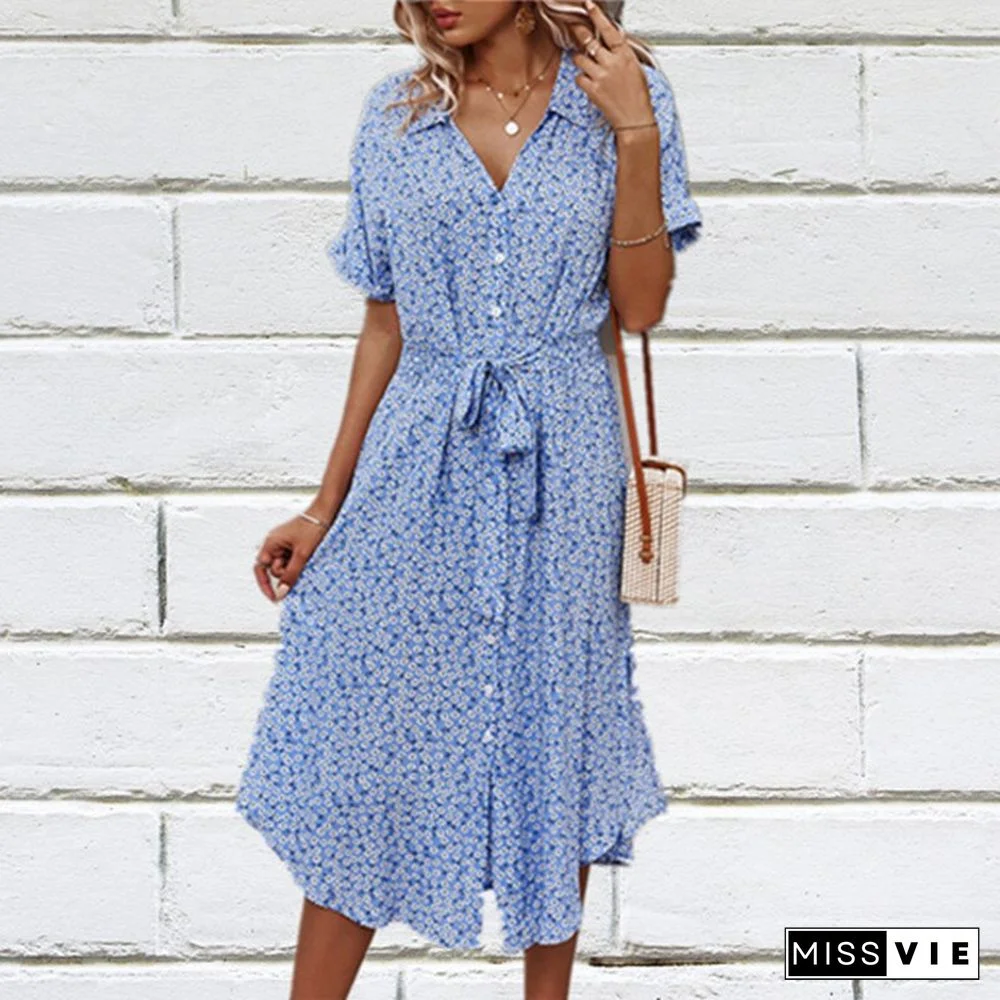 Summer Leisure Holiday Style Sexy Boho Dress For Women Print High Waist V Neck Dress Vestidos De Mujer Clothing Women