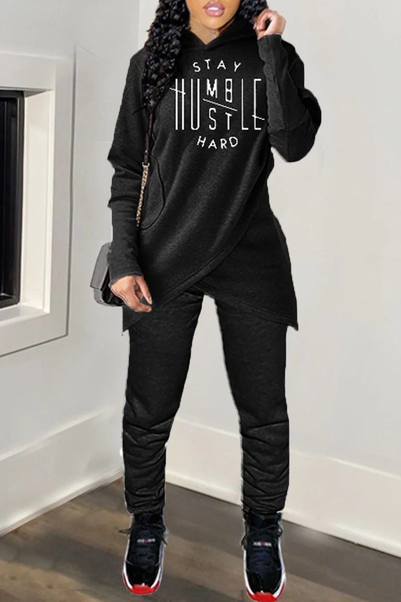 Black Casual Letter Patchwork Hooded Collar Long Sleeve Two Pieces
