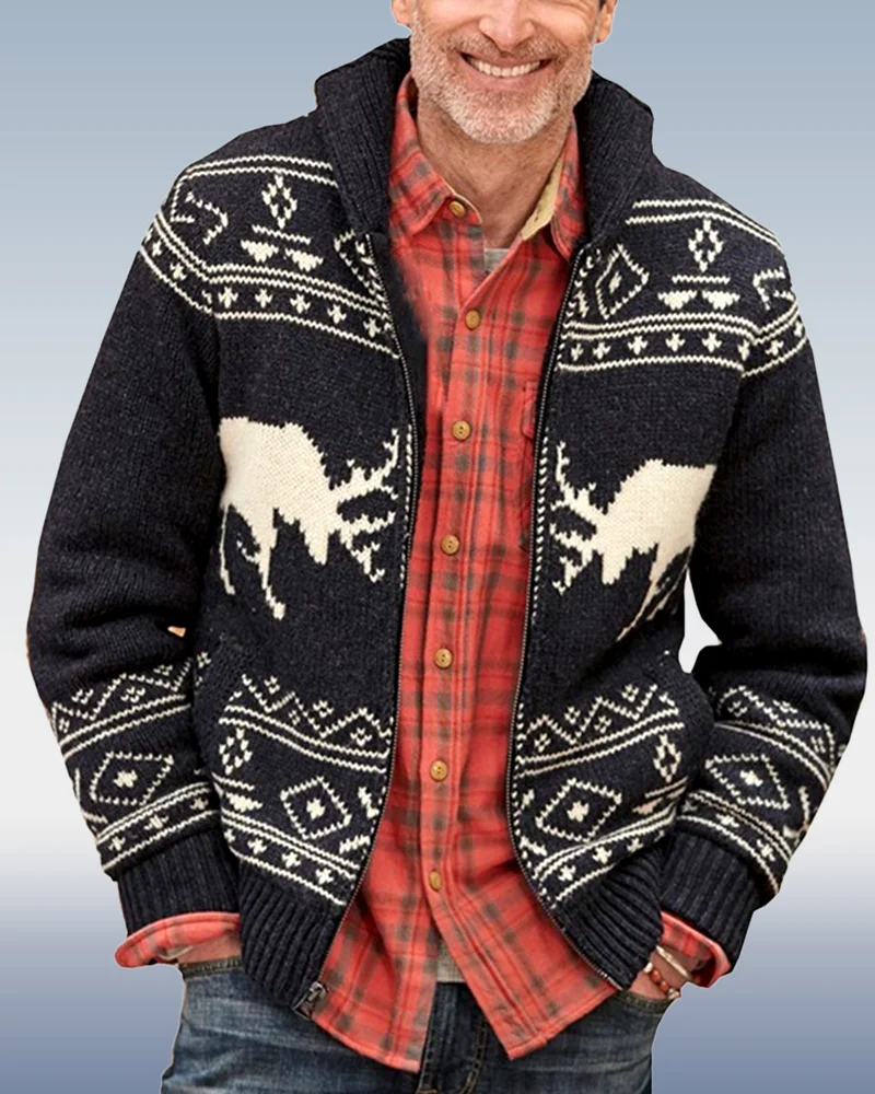 Men's Lapel Long Sleeve Jacquard Knit Sweater Jacket