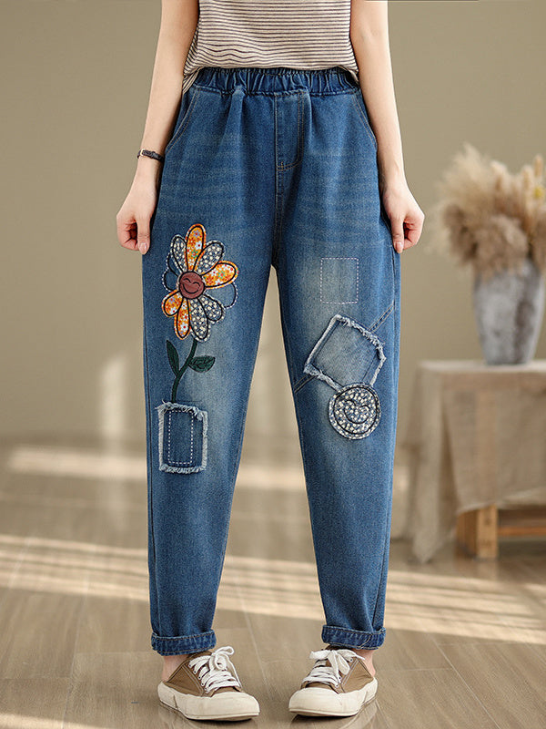 Women's loose Casual Vintage Patch Embroidered Oversized Jeans Pants