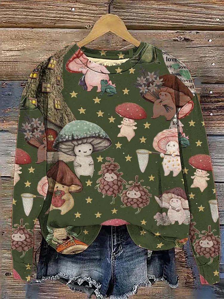 Women's Cute Mushroom Fairy Pattern Print Sweatshirt