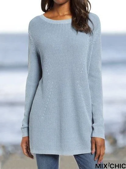 Casual Long Sleeve Solid Cotton Tops