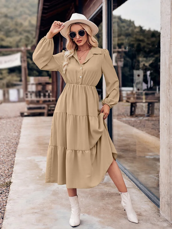 Casual Shirt Collar Button Waist Long Sleeve Dress Flusfy