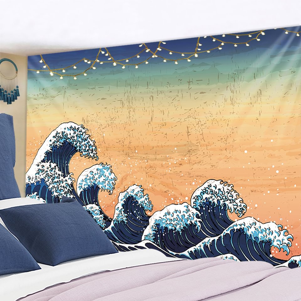 Nigikala Kanagawa Waves Printed Hanging Tapestry Sun Wall Hanging Tapestries Boho Bedspread Yoga Mat Blanket