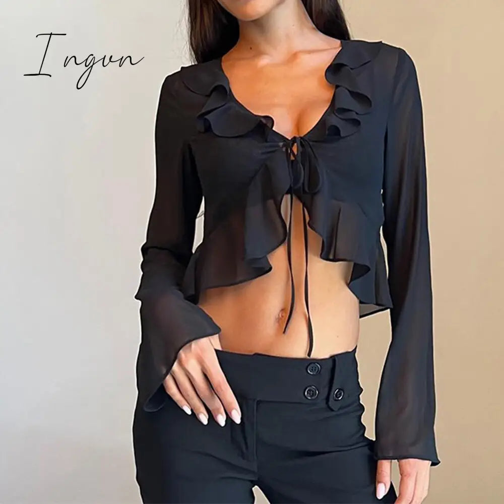 Ingvn - Summer Outfits Vintage 90S Streetwear Ruffles Trim Green Chiffon T - Shirts Y2K Fashion