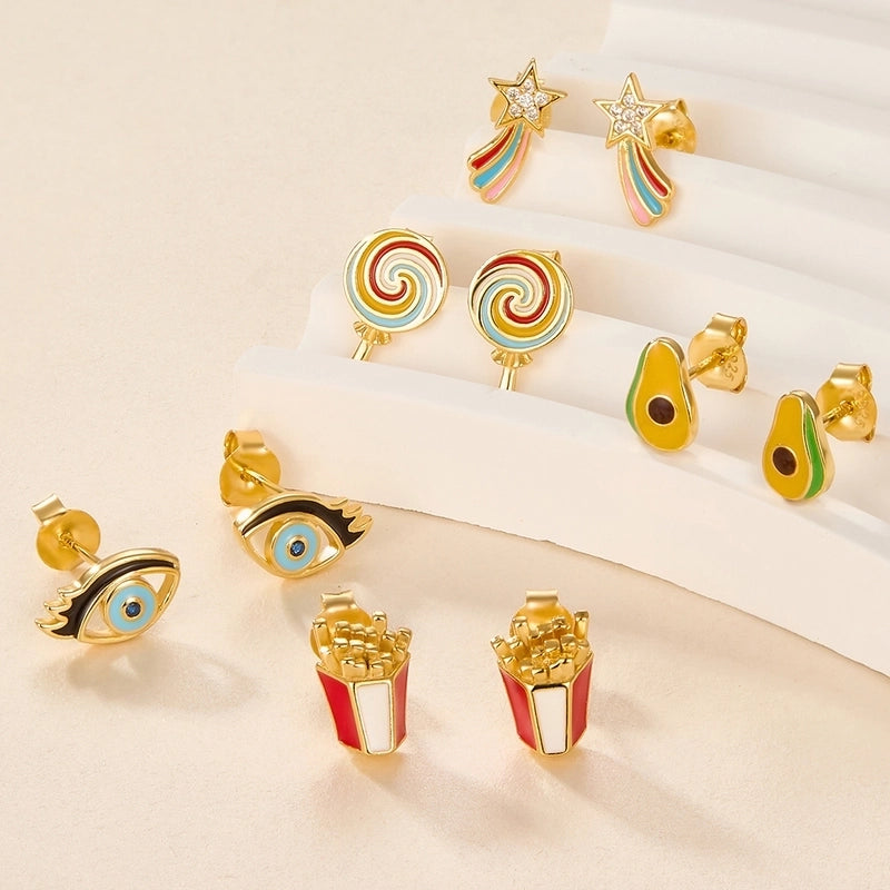 1 Pair 925 Sterling Silver Zircon Rainbow Devil’S Eye Candy Ear Studs